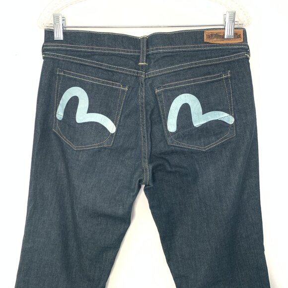 Evisu Premium Denim Jeans W28 L30 Straight Leg Dark Wash Blue Logo Pockets - Picture 5 of 5